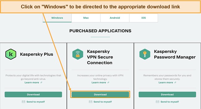 Screenshot of Kaspersky Secure Connection installation file download page