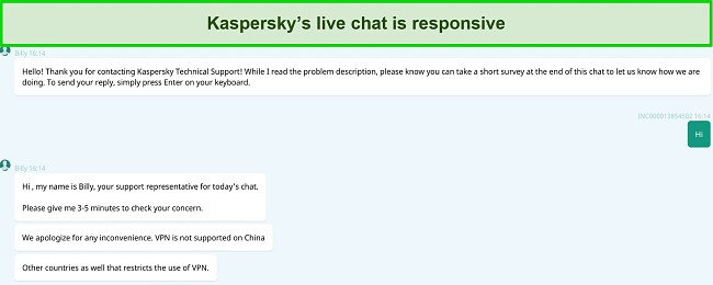 Screenshot of Kaspersky live chat with customer service representative