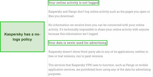 Screenshot of Kaspersky's no-logs policy