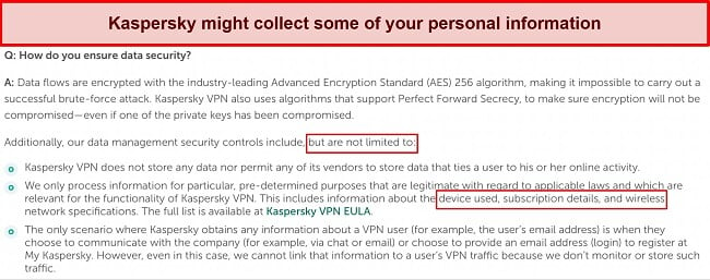 Screenshot of Kaspersky's no-logs policy