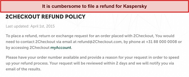 Screenshot of Kaspersky's refund policy