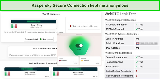 Screenshot of my IP, DNS, and WebRTC leak test while connected to Kaspersky's server in Cambodia