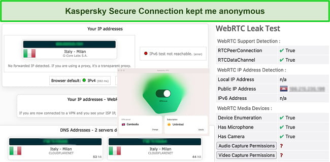 Screenshot of my IP, DNS, and WebRTC leak test while connected to Kaspersky's server in Cambodia