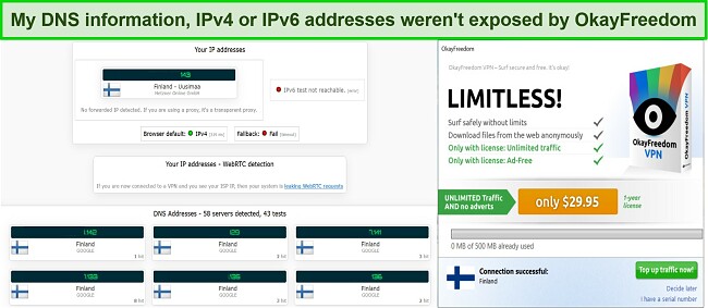 Screenshot of leak tests showing that OkayFreedom VPN does not leak my IP and DNS information