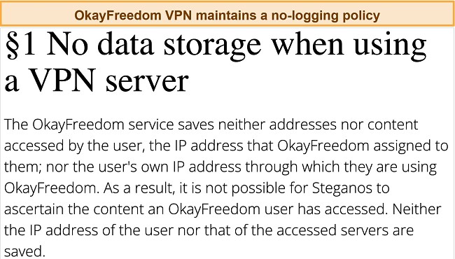 Screenshot from OkayFreedom VPN website indicating that the VPN vendor does not store user data