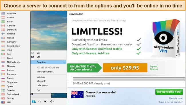 Screenshot showing the server and connection interface of OkayFreedom VPN