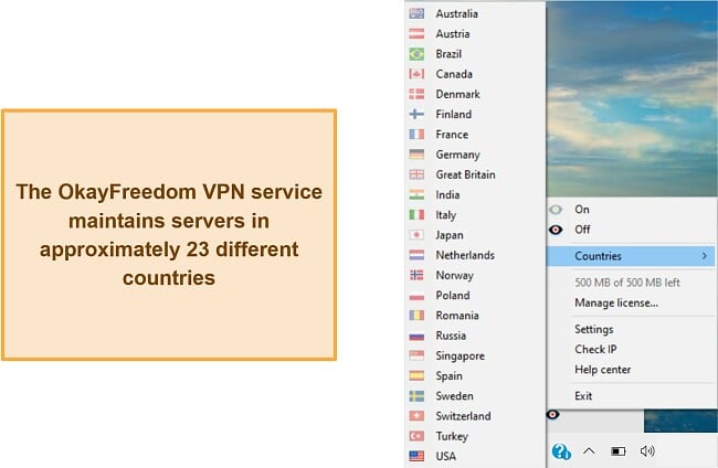 Screenshot of available countries on OkayFreedom VPN