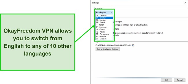 Screenshot illustrating how to change language options on OkayFreedom VPN