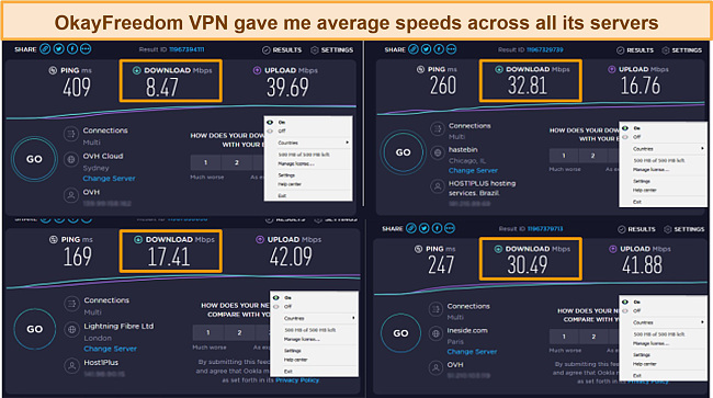 Screenshot of OkayFreedom server speeds on four servers