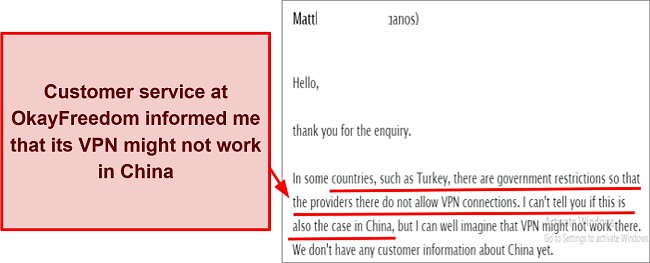 Screenshot of chat with OkayFreedom customer support explaining that the VPN does not actually work in China