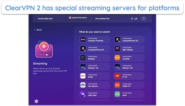 Screenshot of ClearVPN 2's list of streaming servers