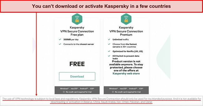 Screenshot showing which countries Kaspersky doesn't work in