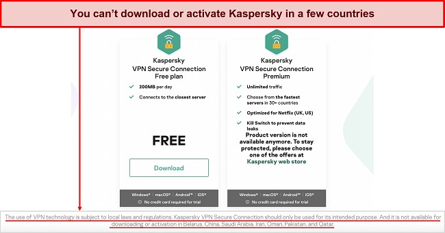 Screenshot showing which countries Kaspersky doesn't work in