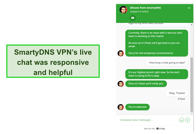 Screenshot of my live chat with SmartyDNS support