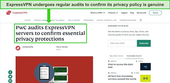 ExpressVPN網站的屏幕截圖強調了其PWC獨立審計，該審計確認了其零遺囑政策。