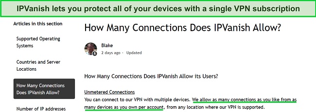 Screenshot of IPVanish's support site detailing its unlimited device connections.