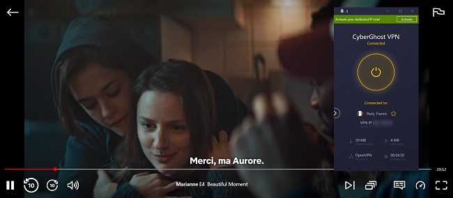 Capture d'écran de Marianne jouant sur Netflix France alors qu'elle est connectée à CyberGhost