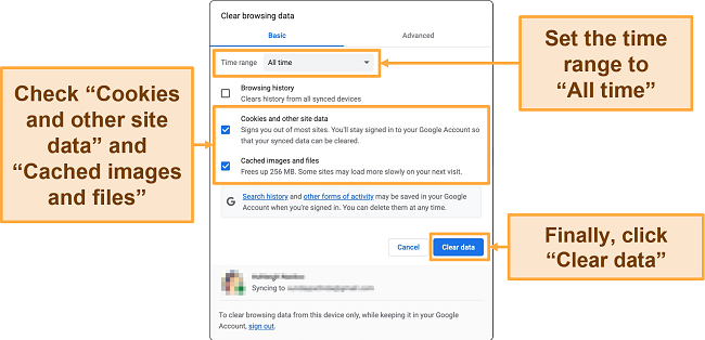 An informative screenshot guide showing step-by-step instructions on how to clear cache in Google Chrome