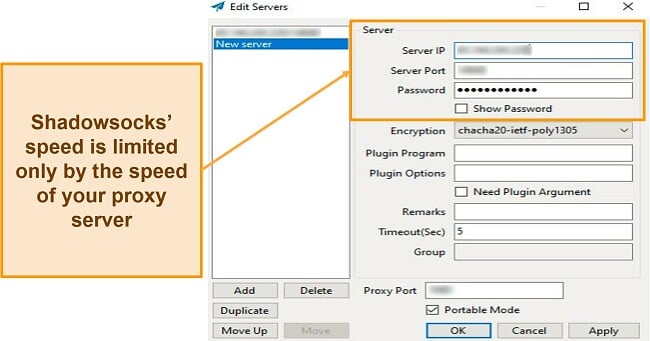 Screenshot of Shadowsocks' server settings