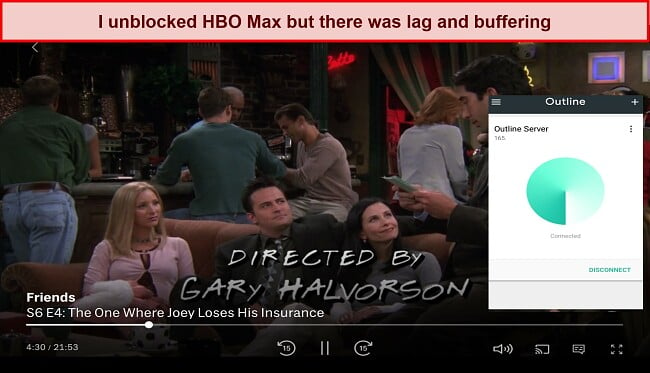 Screenshot of an Outline Server unblocking HBO Max to stream Friends