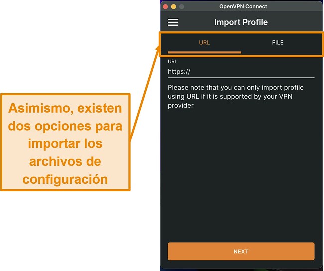 Captura de pantalla que muestra cómo importar manualmente el archivo de configuración