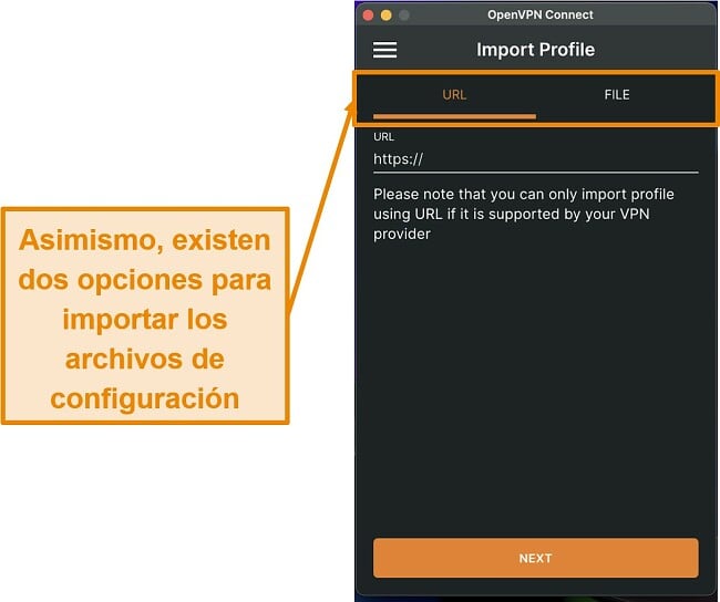 Captura de pantalla que muestra cómo importar manualmente el archivo de configuración