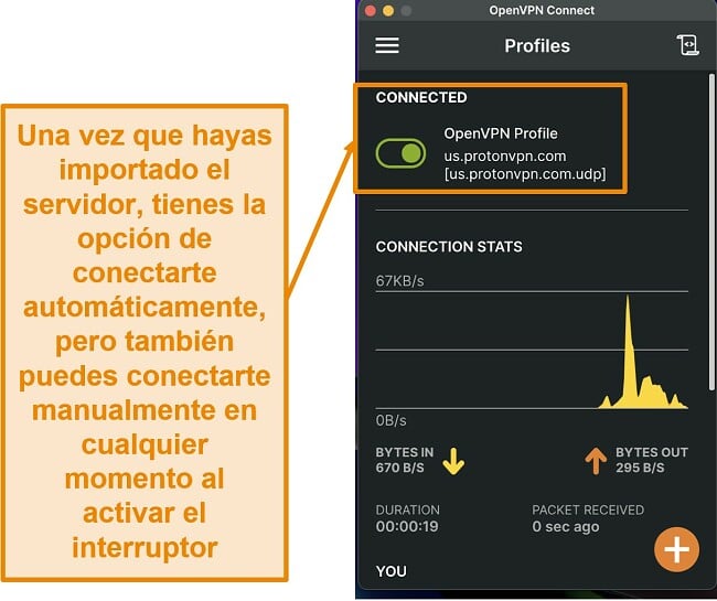 Captura de pantalla que muestra la interfaz de conexión de OpenVPN