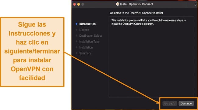 Captura de pantalla que ilustra el proceso de instalación del archivo de instalación de OpenVPN