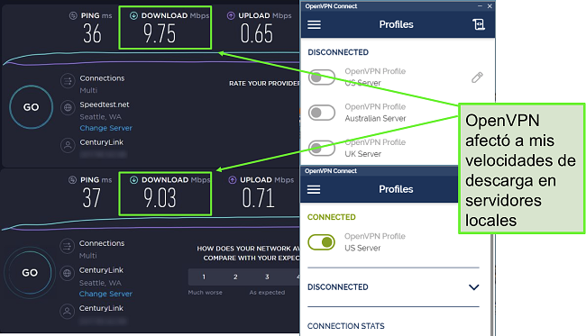 Captura de pantalla de dos pruebas de velocidad con datos muy similares, ambas usando un servidor de Seattle.