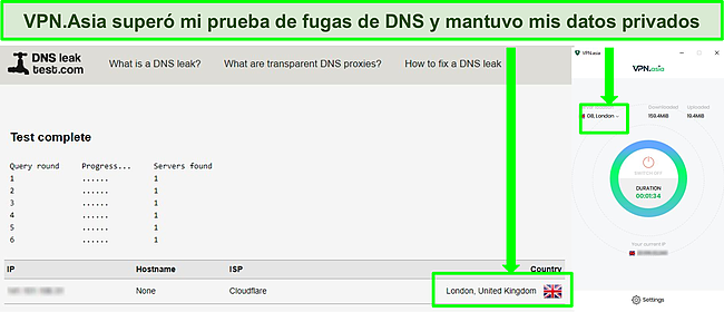 Captura de pantalla de una prueba de fugas de DNS exitosa mientras VPN.Asia está conectada a un servidor en el Reino Unido.