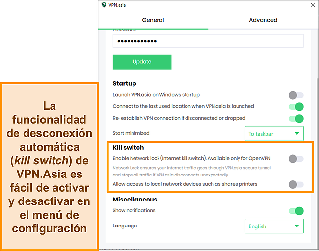 Captura de pantalla de la configuración del interruptor de seguridad de VPN.Asia.