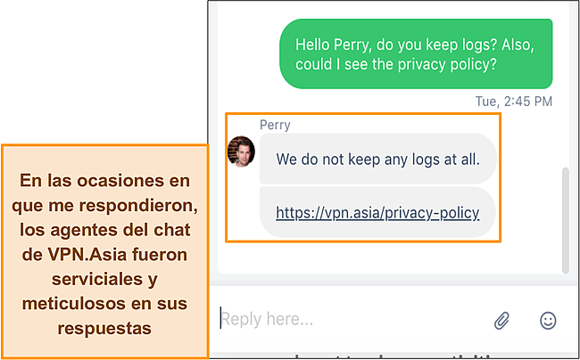 Captura de pantalla de un intercambio con VPN.Asia Soporte de chat 24/7.