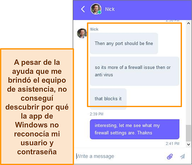 Captura de pantalla de un intercambio de chat con VPN.Asia soporte en vivo.