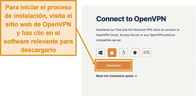 Captura de pantalla de la página de descarga del cliente OpenVPN