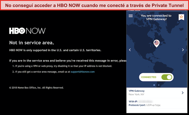 Captura de pantalla de HBO NOW que bloquea una conexión desde el túnel privado