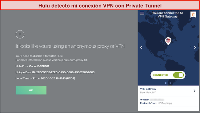 Captura de pantalla de Hulu bloqueando la conexión de Private Tunnel VPN