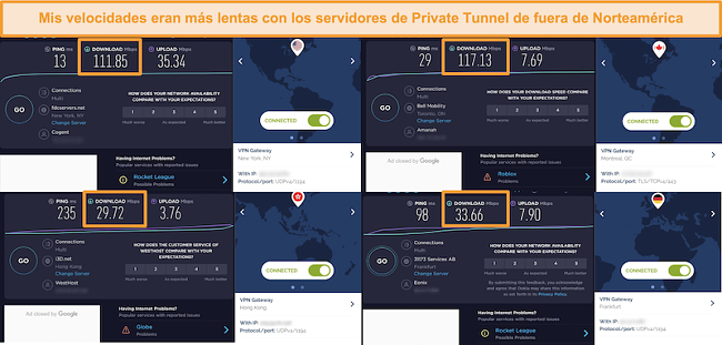 Captura de pantalla de 4 pruebas de velocidad a través de una conexión de Túnel Privado.