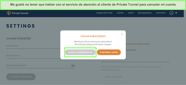 Captura de pantalla del proceso de cancelación de suscripción de Private Tunnel.