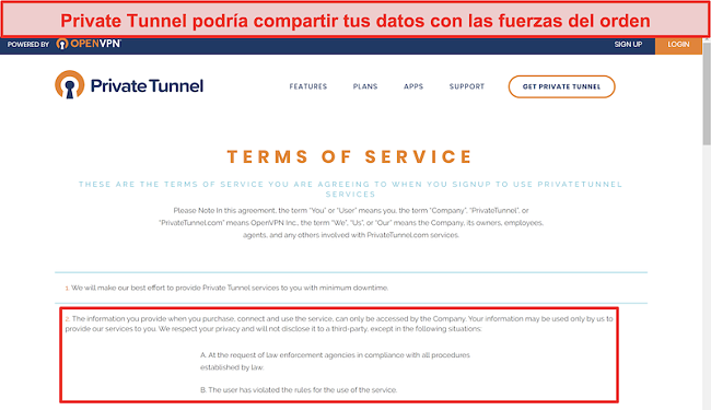 Captura de pantalla de los Términos de servicio de Private Tunnel