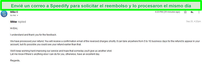 Captura de pantalla de un correo electrónico del soporte de Speedify procesando una solicitud de reembolso