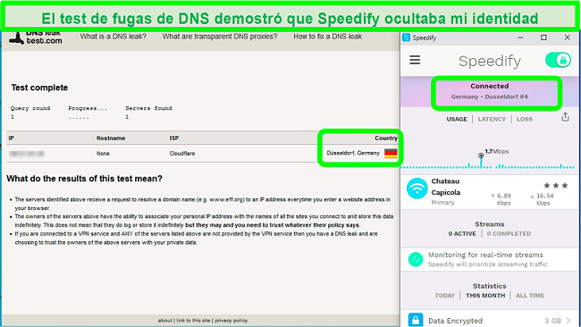 Captura de pantalla de una prueba de fugas de DNS mientras Speedify está conectado a un servidor alemán