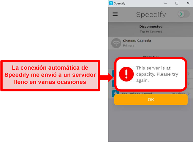 Captura de pantalla de la interfaz de usuario de Speedify que muestra un mensaje de error de que un servidor está en su capacidad