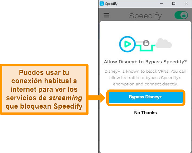 Captura de pantalla de la interfaz de usuario de Speedify que muestra una opción de desvío para Disney +