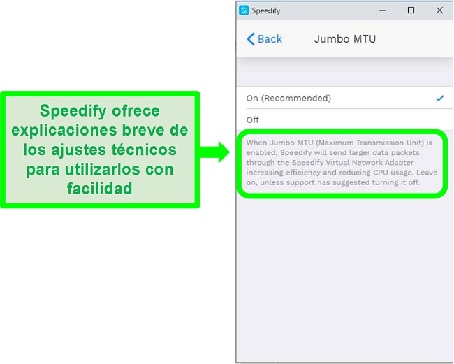 Captura de pantalla de una explicación debajo de una de las configuraciones de Speedify