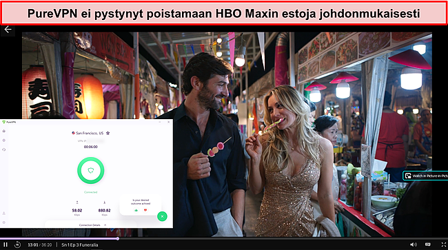 Kuvakaappaus PureVPN:stä, joka poistaa HBO Maxin eston.
