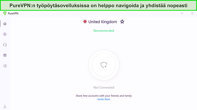 Kuvakaappaus PureVPN:n Windows-sovelluksesta, jossa näkyy sen puhdas ja yksinkertainen käyttöliittymä.