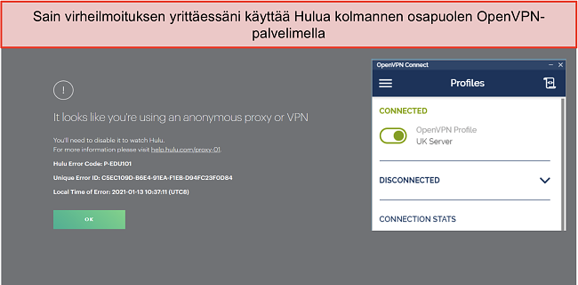 Näyttökuva Hulu VPN -virheestä, jonka vieressä on auki OpenVPN-sovellus.