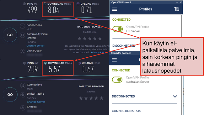 kuvakaappaus kahdesta nopeustestistä, joista toisessa on Lontoon palvelin, toisessa Sydneyn palvelin