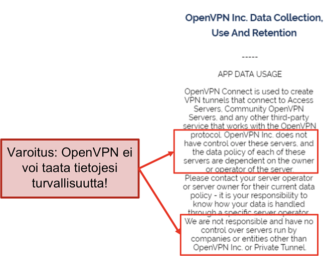 kuvakaappaus OpenVPN: n tietosuojakäytännöstä.