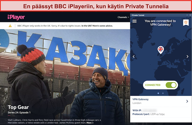 Näyttökuva BBC iPlayerista, joka estää yksityisen tunnelin